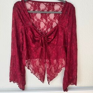 SHEIN Burgundy Lace Tie Front Top Y2K Sheer Fairy Core Whimsigoth Romantic